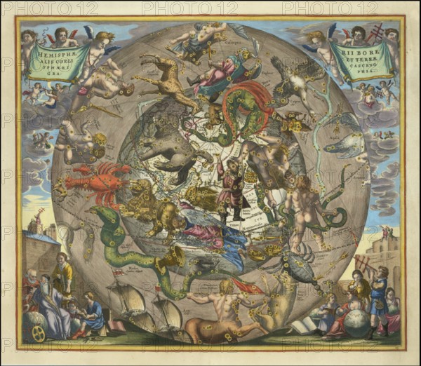 Sky map Hemisphaerii Borealis Coeli et Terrae Sphaerica Scenographia, spherical representation of the northern sky and the earth, by Andreas Cellarius. The opulently designed and hand-colored engraving shows the constellations of the northern hemisphere in a geocentric depiction, surrounded by allegorical figures and astronomers, digitally restored reproduction from a 17th century model, authentic, exact date of presentation unknown