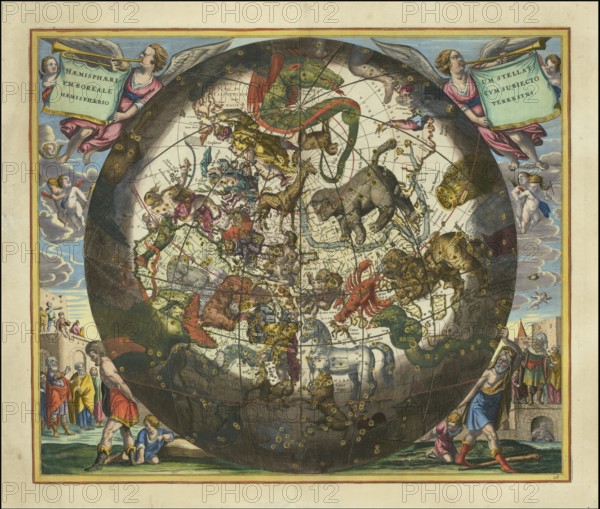 Haemisphaerium Stellatum Boreale cum Subiecto Hæmisphaerio Terrestri, Northern Star Hemisphere with the Earth's hemisphere below. It is a famous sky map from the Harmonia Macrocosmica, an important star atlas published in 1660 by German-Dutch cartographer Andreas Cellarius. The map shows the northern constellations, represented as mythological figures and animals that populate the sky. In the center is a depiction of the Earth's northern hemisphere, digitally restored reproduction from a 17th century model, authentic, exact date of depiction unknown