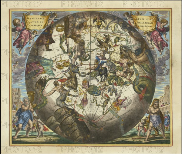 Ancient star map, specifically a depiction of the southern hemisphere, Haemisphaerium Stellatum Australe. It shows mythological figures and creatures that represent the various constellations of the southern hemisphere and comes from the atlas Harmonia Macrocosmica by Andreas Cellarius, originally published in 1660, digitally restored reproduction from a 17th century model, authentic, exact date of presentation unknown