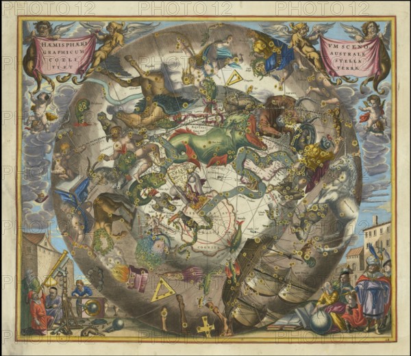 Celestial map of the southern hemisphere with the title Haemisphaerium Scenographicum Australe Coeli Stellati Et Terrae. The map was created by the German-Dutch cartographer Andreas Cellarius (ca. 1596-1665) and shows the constellations of the southern hemisphere as allegorical figures, animals and objects depicted against the background of a globe (with South America and South Africa) . Astronomers and scientific instruments are depicted in the lower margin, digitally restored reproduction from a 17th century original, authentic, exact date of depiction unknown