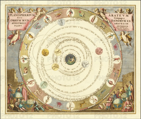 Planisphaerium Arateum, part of the famous celestial atlas Harmonia Macrocosmica by Andreas Cellarius. Description The map shows the geocentric world view based on the observations and writings of the ancient Greek poet and astronomer Aratos (ca. 315 - 240 BC) . In this model, the earth is at the centre of the universe, surrounded by the orbits of the moon, the sun and other planets, embedded in an outer ring with the signs of the zodiac, digitally restored reproduction from a 17th century original, authentic, exact date of depiction unknown