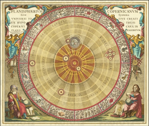 Historical astronomical map titled Planisphaerium Copernicanum. It comes from the atlas Harmonia Macrocosmica by the German-Dutch cartographer Andreas Cellarius, and shows the Copernican, heliocentric view of the world, which focuses on the sun, digitally restored reproduction of a 17th-century model, authentic, exact date of presentation unknown