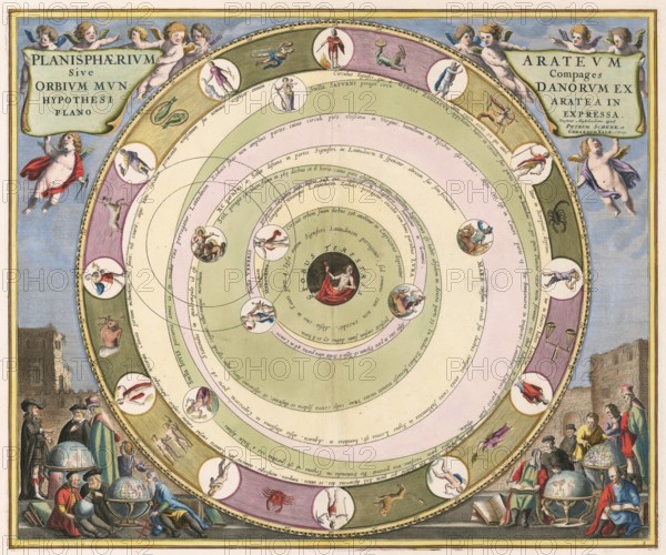 Planisphaerium of Aratos from the famous celestial atlas Harmonia Macrocosmica by Andreas Cellarius. The map illustrates the geocentric, earth-centered hypothesis of Aratos of Soloi, a Greek poet and astronomer of antiquity. It depicts the earth in the center, around which the sun, moon and the then known planets move in circular orbits, surrounded by the zodiac band, digitally restored reproduction from a 17th century model, authentic, exact date of presentation unknown