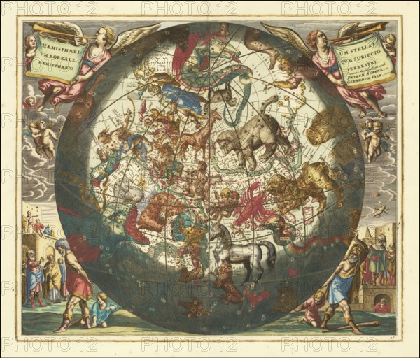 Sky map of the northern sky, known as Hemisphaerium Boreale or Northern Stellar Hemisphere, from the Harmonia Macrocosmica sky atlas by Andreas Cellarius. The atlas was originally published in 1660 and is considered one of the most beautiful works of Dutch cartography. The illustration shows the northern star vault with mythological figures and constellations, surrounded by allegorical representations, digitally restored reproduction from a 17th century model, authentic, exact date of depiction unknown