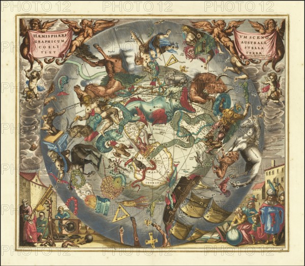 Historical sky map Haemisphaerium Scenographicum Australe Coeli Stellati et Terrae by German astronomer and cartographer Andreas Cellarius, comes from his famous celestial atlas Harmonia Macrocosmica, which was originally published in 1660. The map shows the constellations of the southern hemisphere in a scenographic representation, meaning that the constellations appear to float as living, mythological figures above a geographical representation of the southern hemisphere, including South America, southern Africa and the Terra Australis Incognita, digitally restored reproduction from a 17th century original, authentic, exact date of depiction unknown