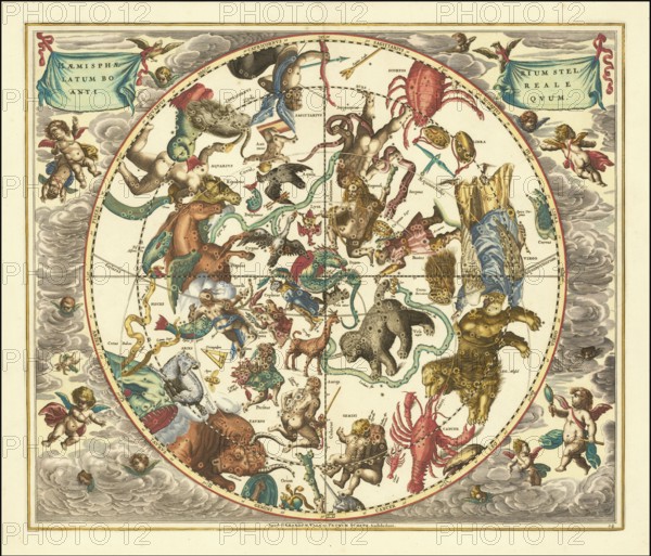 Haemisphaerium Stellatum Boreale Antiquum, a historical celestial map depicting the constellations of the northern hemisphere. It comes from the famous star atlas Harmonia Macrocosmica, published in 1660 by the German-Dutch cartographer Andreas Cellarius, and shows the northern celestial hemisphere, with the constellations illustrated in the traditional ancient (Ptolemaic) representation as mythological figures and animals, digitally restored reproduction from a 17th century original, authentic, exact date of depiction unknown