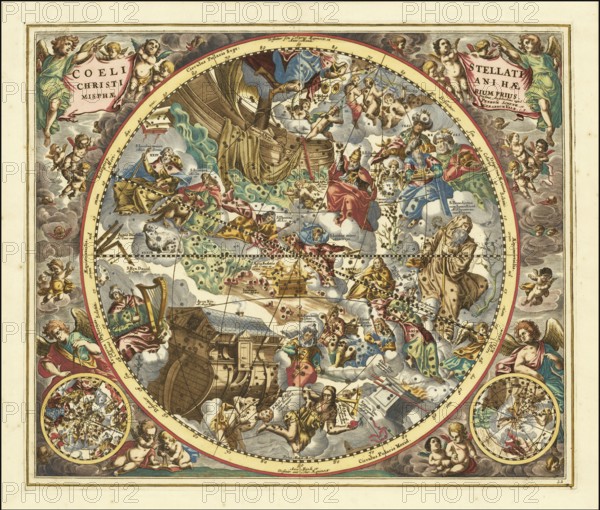 Sky map titled Coeli Stellati Christiani Haemisphaerium Prius, First Hemisphere of the Christian Starry Sky created by Andreas Cellarius. The map comes from Cellarius's famous star atlas Harmonia Macrocosmica, which was first published by Johannes Janssonius in 1660. It shows the constellations of the northern hemisphere, interpreted with biblical and Christian symbols instead of traditional mythological figures, including Noah's Ark, Jonah and the whale as well as the cross that form the celestial constellations, digitally restored reproduction from a 17th century original, authentic, exact date of presentation unknown