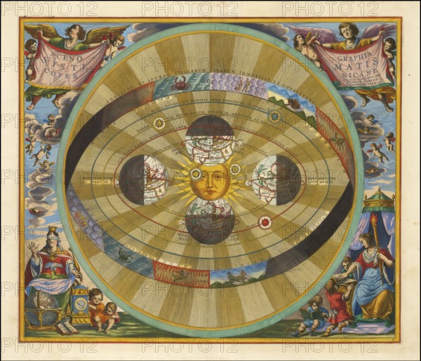 Scenographia Systematis Copernicani, scenography of the Copernican system. It comes from the celestial atlas Harmonia Macrocosmica by Andreas Cellarius, which was first published in 1660. The map illustrates the heliocentric view of the world as described by Nicolaus Copernicus (1473 to 1543) in his work De revolutionibus orbium coelestium. At the centre of this system is the sun, which is orbited by the planets, including the earth, digitally restored reproduction from a 17th century original, authentic, exact date of depiction unknown
