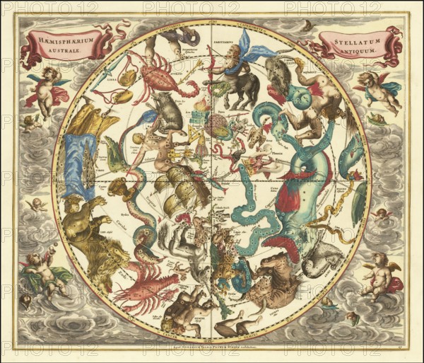 Historical sky map titled Haemisphaerium Stellatum Australe Antiquum, Ancient Southern Half of Stars. The map shows the constellations of the southern hemisphere as they were known in classical antiquity. Despite the title, it also contains several newly identified stars introduced around 1612 by cartographer Petrus Plancius, digitally restored reproduction from a 17th century model, authentic, exact date of depiction unknown
