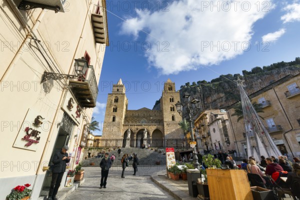 Piazza del Duomo, picturesque square with cathedral and street café, stroller, medieval old town, Cefalu, Sicily, Italy