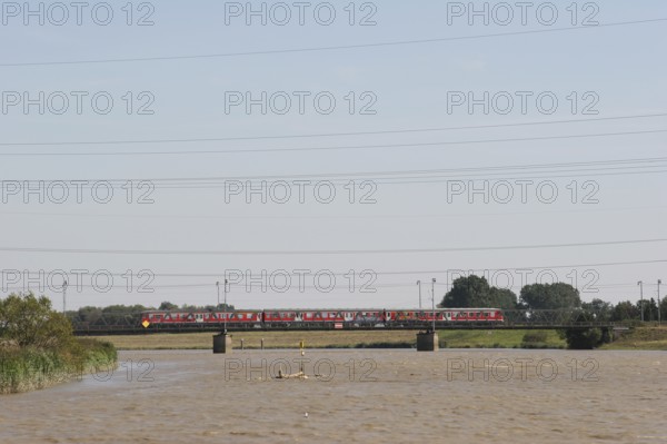 Single-track railway bridge near Leer, Rheine-Norddeich Mole railway line, Leda river, East Frisia, Germany