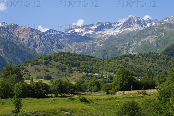 Mountain landscape with snow-capped peaks, green hills and a meadow under a clear sky, landscape near Iskari, Mingrelia and Upper Svaneti, Samegrelo-Zemo Svaneti, Svaneti, High or Greater Caucasus, Georgia