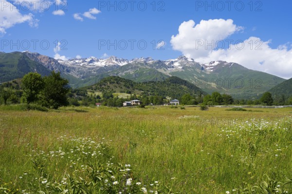 Wide meadow landscape with views of mountains and cloudy blue sky, surrounded by green hills, landscape near Iskari, Mingrelia and Upper Svaneti, Samegrelo-Zemo Svaneti, Svaneti, High or Greater Caucasus, Georgia