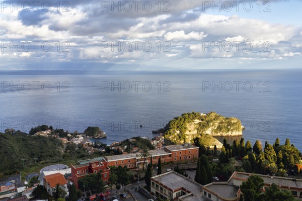 View of Isola Bella, coastline, Ionian Sea, Taormina, Sicily, Italy