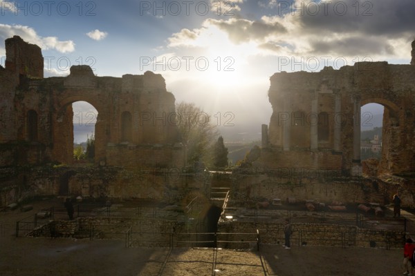 Greek Theatre, Teatro Greco, backlight, sunbeams, Taormina, Sicily, Italy