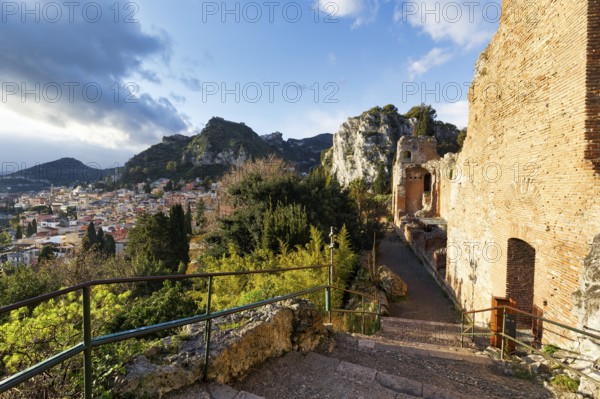 Greek Theatre, Teatro Greco, view of picturesque town, hills and mountains, panoramic view, Taormina, Sicily, Italy