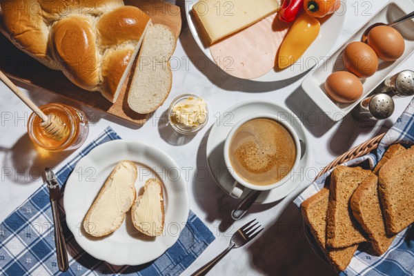 Breakfast with toast, sliced stollen, honey, cheese, ham, coffee, butter, bell pepper and eggs