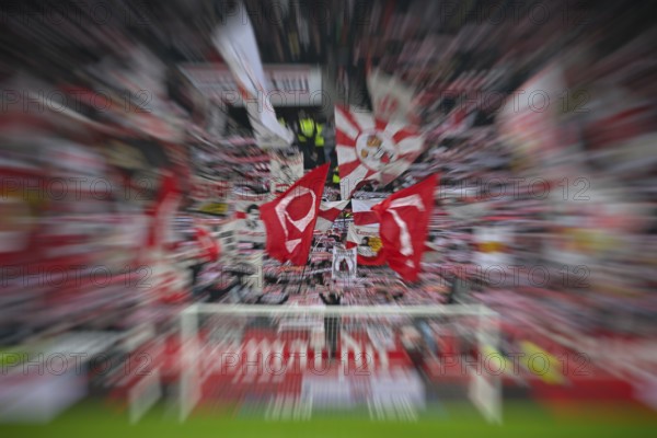 Fan block, fans, fan curve, flags, atmosphere, atmospheric zoom effect, zoomed, explosion effect, Cannstatt curve VfB Stuttgart, MHPArena, MHP Arena Stuttgart, Baden-Württemberg, Germany