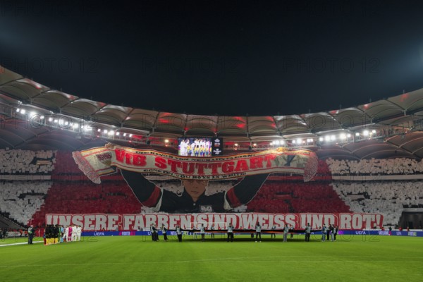 Choreo, choreography, fan action VfB Stuttgart, Cannstatter Kurve, OUR COLORS ARE WHITE AND RED soccer, UEFA EUROPA LEAGUE, MHPArena, MHP Arena Stuttgart, Baden-Württemberg, Germany