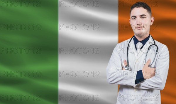Portrait of medical professional on Ireland flag background. Irish national health system