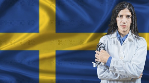 Swedish national health system, Medical professional on Sweden flag background