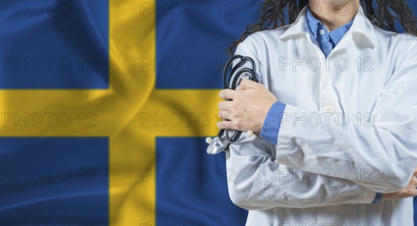 Healthcare professional with Sweden flag background. Professional doctor holding stethoscope on Sweden flag background
