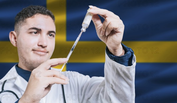 Doctor holding syringe on Sweden flag background. Medical professional holding syringe with Swedish flag in the background