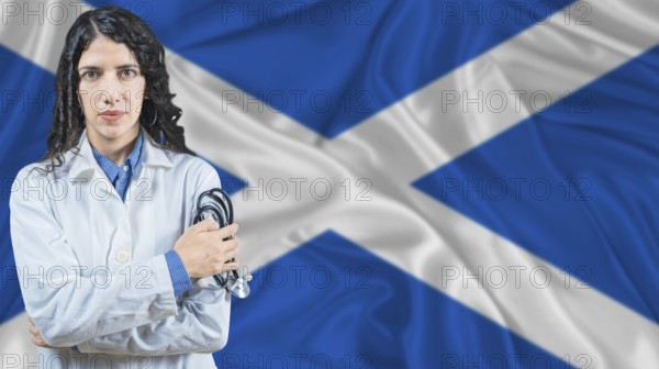 Scottish national health system, Medical professional on Scotland flag background