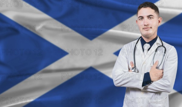 Portrait of medical professional on Scotland flag background. Scottish national health system