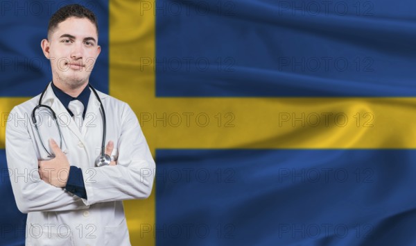 Portrait of medical professional on Sweden flag background. Swedish national health system