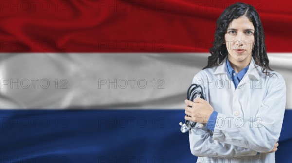 Dutch national health system, Medical professional on Netherlands flag background