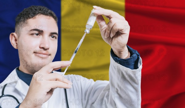 Doctor holding syringe on Romania flag background. Medical professional holding syringe with Romanian flag in the background