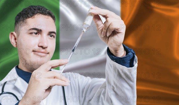 Doctor holding syringe on Ireland flag background. Medical professional holding syringe with Irish flag in the background