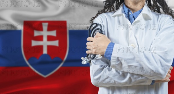 Healthcare professional with Slovakia flag background. Professional doctor holding stethoscope on Slovakia flag background