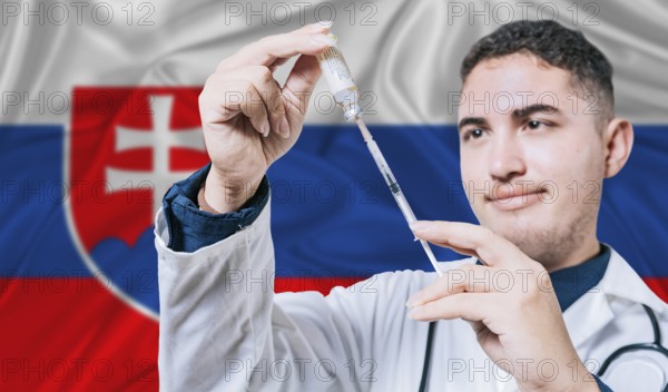Doctor holding syringe on Slovakia flag background. Medical professional holding syringe with Slovak flag in the background