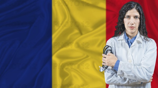 Romanian national health system, Medical professional on Romania flag background