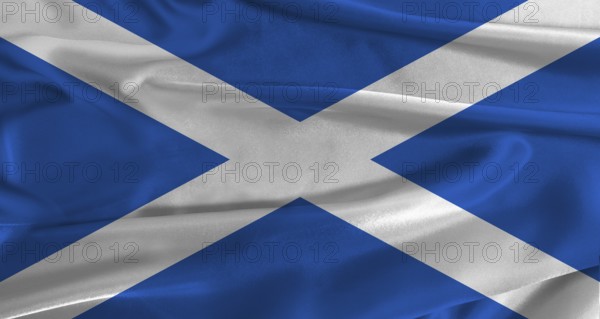 Flag of Scotland with fabric textured background. Close up of National flag of Scotland with realistic texture