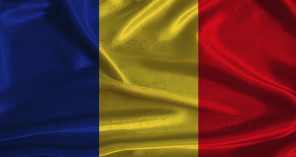 Romania flag with cloth textured background. National flag of Romania with realistic texture