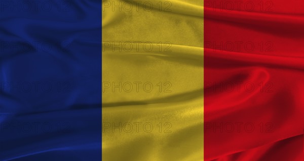 Flag of Romania with fabric textured background. Close up of National flag of Romania with realistic texture