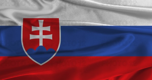 Flag of Slovakia with fabric textured background. Close up of National flag of Slovakia with realistic texture