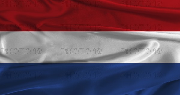 Flag of the Netherlands with fabric textured background. Close up of National flag of the Netherlands with realistic texture