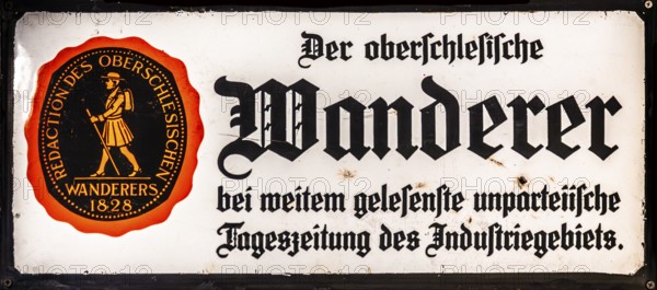 Enamel sheet as an advertisement for the newspaper Oberschlesischer hiker, the most-read newspaper in the industrial area, 20th century, Piast Castle Museum, 16th century, Gliwice, Poland