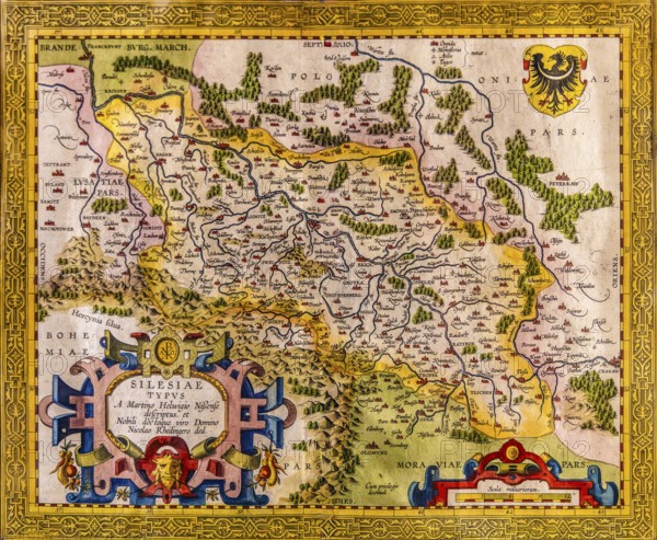 Map of Silesia as described by Martin Helwig from Neisse, cartographer Abraham Ortelius, copper engraving Antwerp 1609, Piast Castle Museum, 16th century, Gliwice, Poland