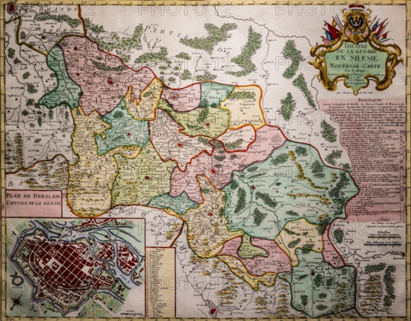 Map of Silesian theater of war and city map of Wroclaw by Georges Louis Le Rouge, court geographer of the French King Louis XV, copper engraving Paris 1741, Piast Castle Museum, 16th century, Gliwice, Poland