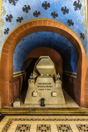 Tomb of Stanislaw Wyspianski, dramaturge, poet, painter, graphic artist, architect, 1869—1907, crypt of the merits of Poland on Skalka Hill, 1880, in the basement of the Pauliner Basilica, church on the rock, 14th century, Krakow, Poland