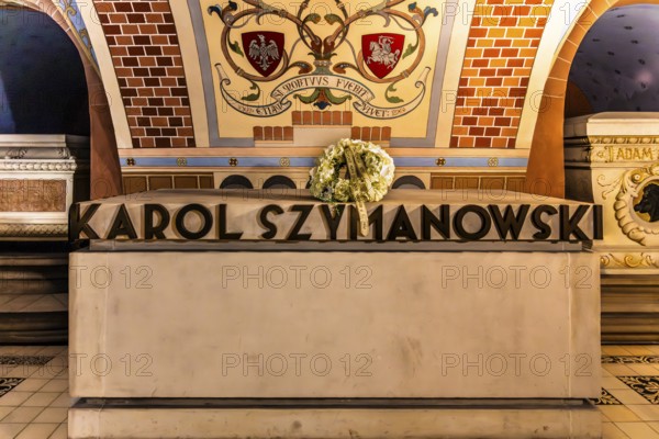 Tomb of Karol Szymanowski, composer, pianist, teacher and music critic, 1882—1937, crypt of the merits of Poland on Skalka Hill, 1880, in the basement of the Pauliner Basilica, church on the rock, 14th century, Krakow, Poland