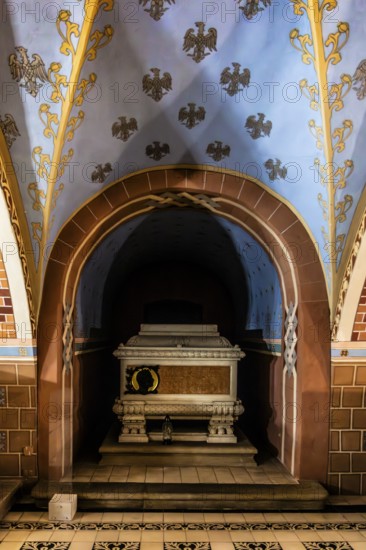 Tomb of Lucjan Siemienski, poet, writer, participant in the November Uprising, 1807—1877, crypt of the merits of Poland on Skalka Hill, 1880, in the basement of the Pauline Basilica, church on the rock, 14th century, Krakow, Poland