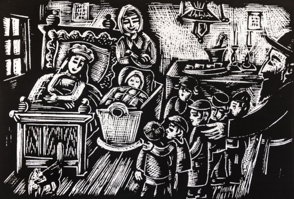 Prayer in the house of a newborn, woodcut by Ilia Schor, Old Synagogue — Museum of the Jewish History of Krakow, 15th century, Kazimierz Jewish Quarter, Krakow, Poland