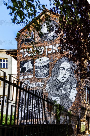 Street art on the wall of a building in the Kazimierz Jewish Quarter, a historically significant, formerly independent district that developed into an important center of Jewish culture since the 14th century, Krakow, Poland