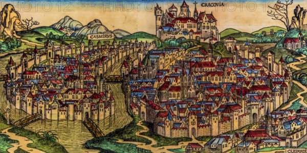 Historical view of Kazimierz, woodcut by M.Wolgemut, Nuremberg 1493, historically significant, formerly independent district that developed into an important center of Jewish culture since the 14th century, Krakow, Poland